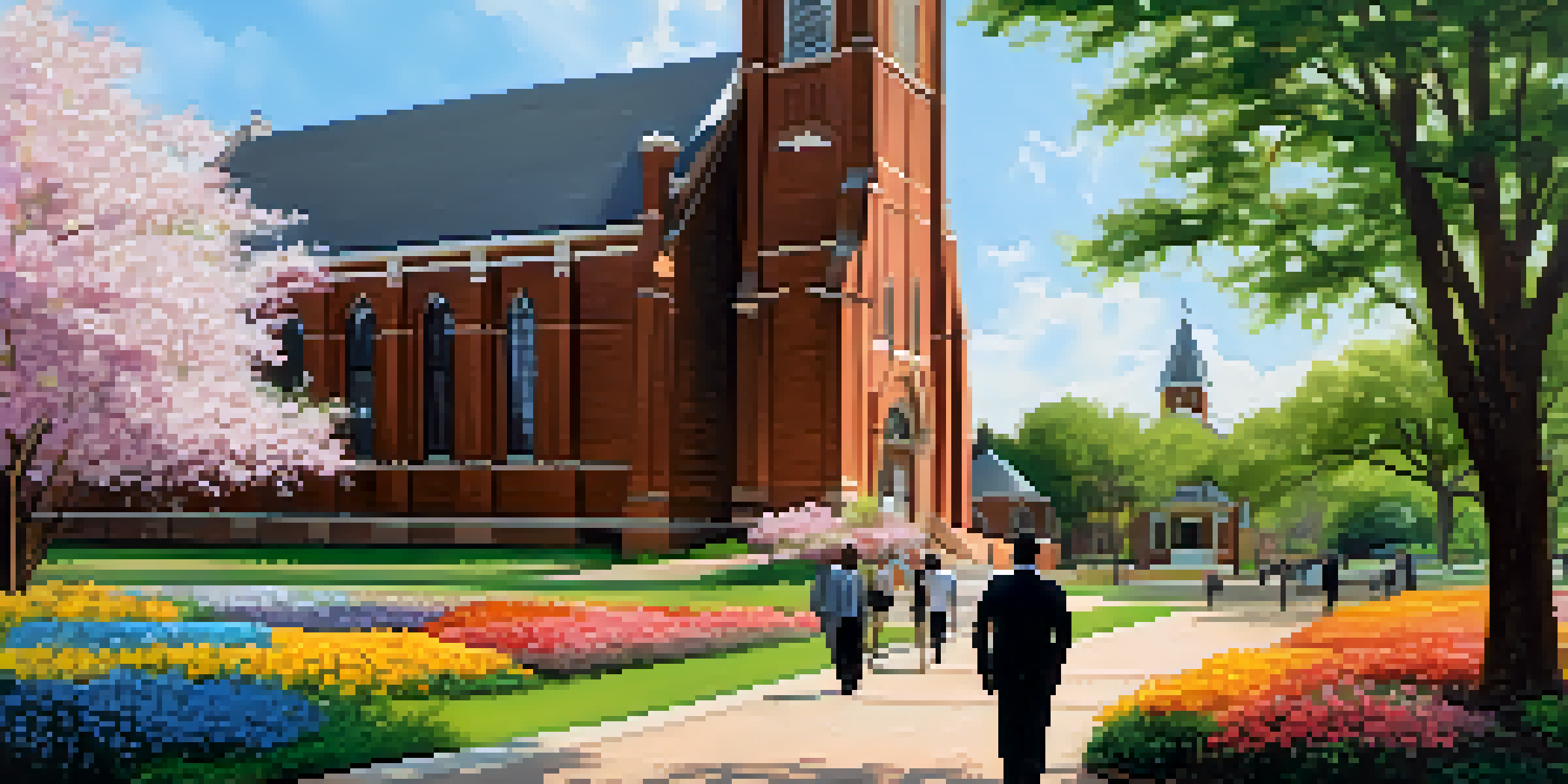 A view of the Martin Luther King Jr. National Historical Park with the Ebenezer Baptist Church surrounded by blooming flowers and visitors walking.