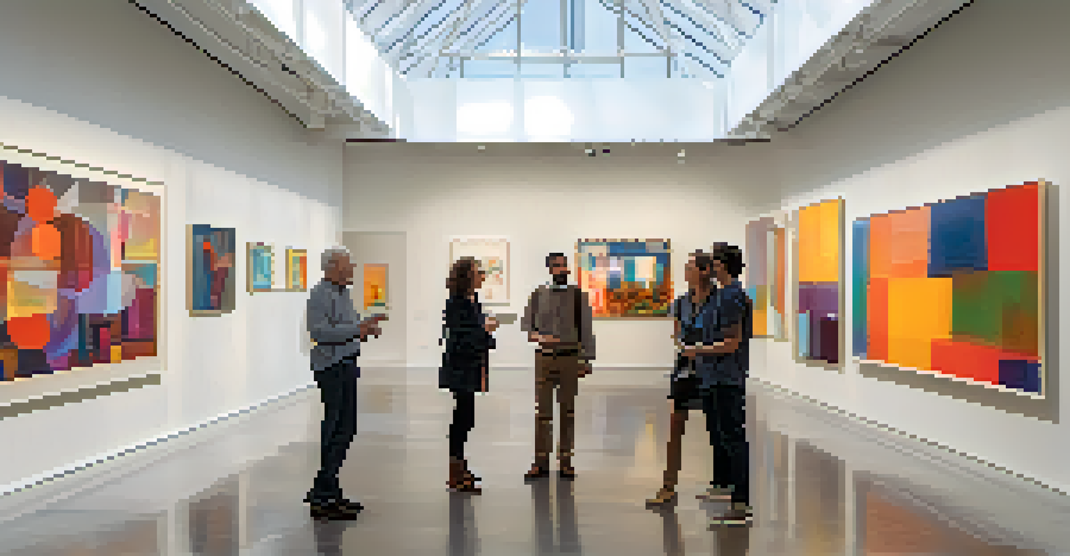 An art gallery with contemporary artworks on white walls and people discussing art.