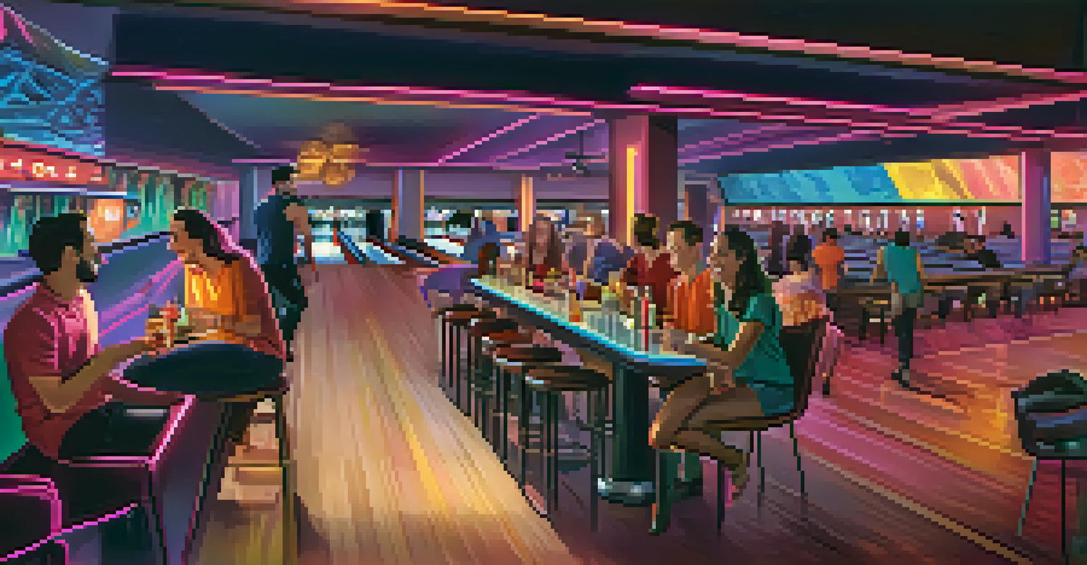 A modern bowling alley scene with friends enjoying bowling and drinks in a stylish setting.