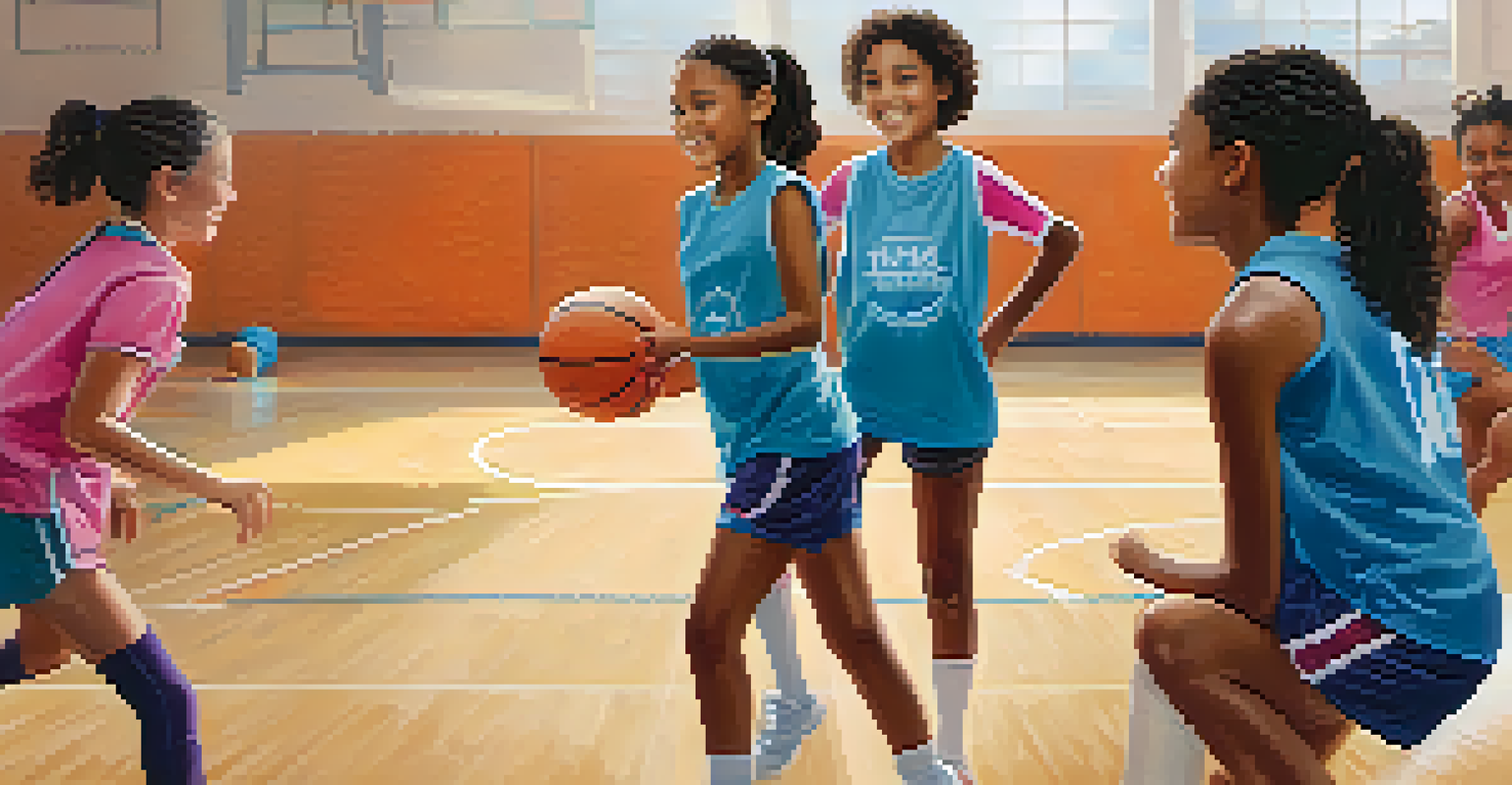 A group of young girls participating in a sports clinic, playing basketball and soccer with a coach in a gym.