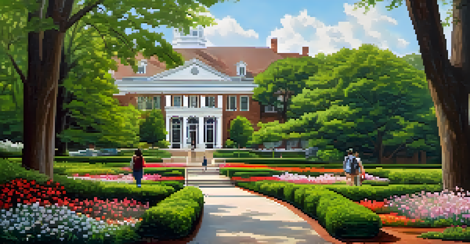 The beautiful campus of Emory University with students walking among flowers.