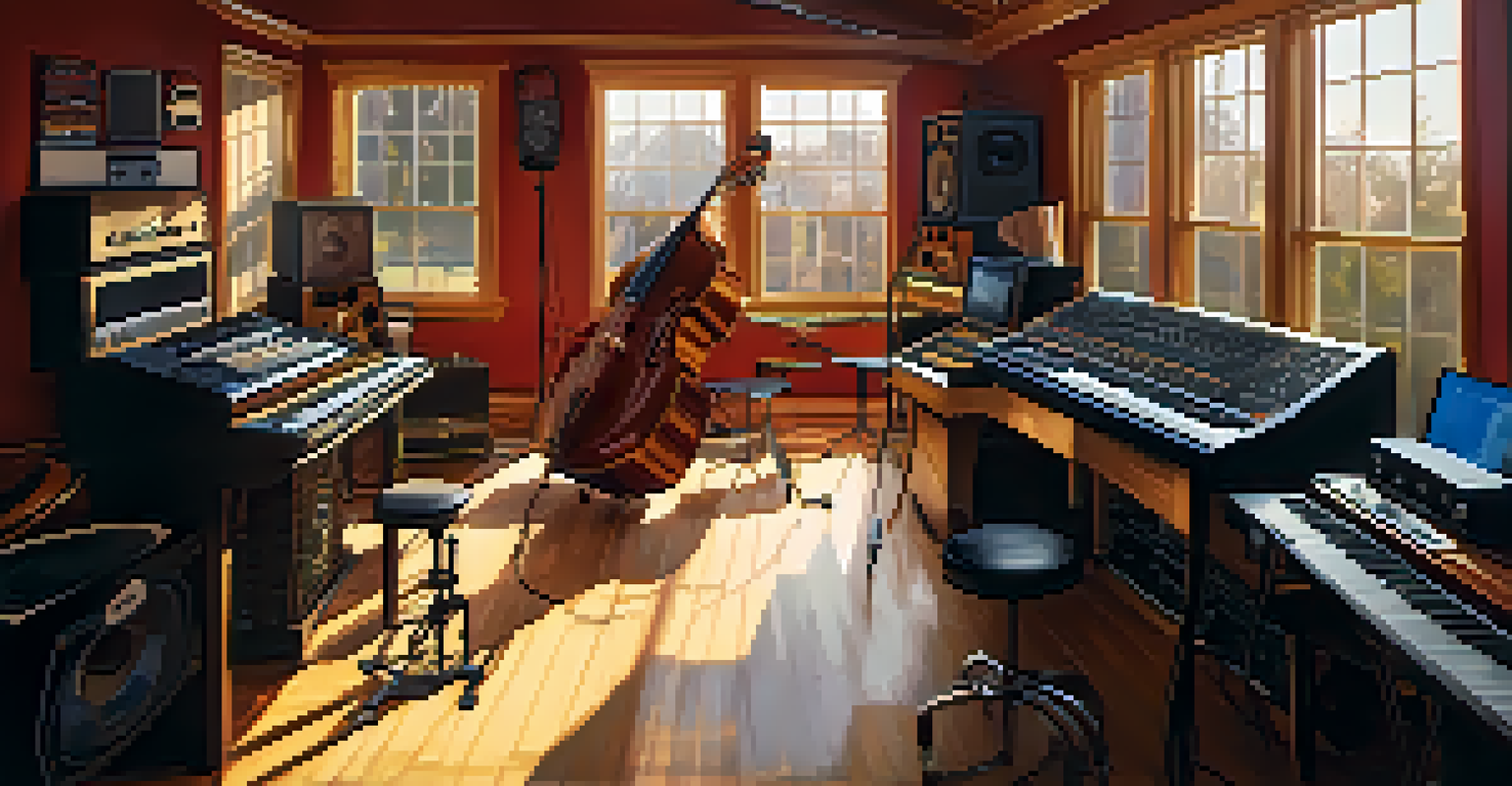 A cozy recording studio in Atlanta with musicians collaborating on music, surrounded by instruments and warm lighting.