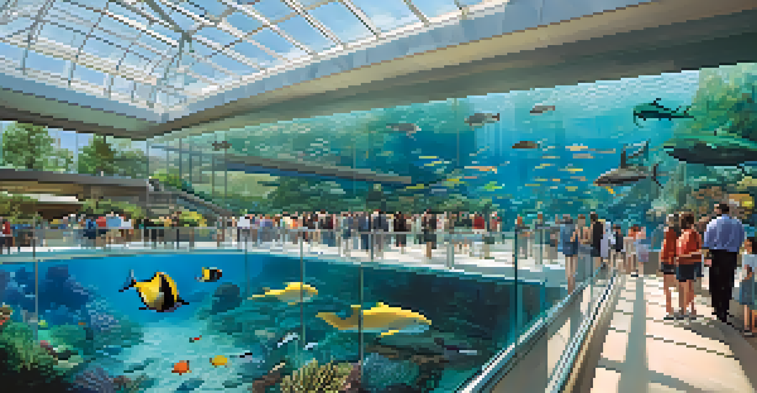 Panoramic view of the Georgia Aquarium with visitors admiring marine life through large glass panels.