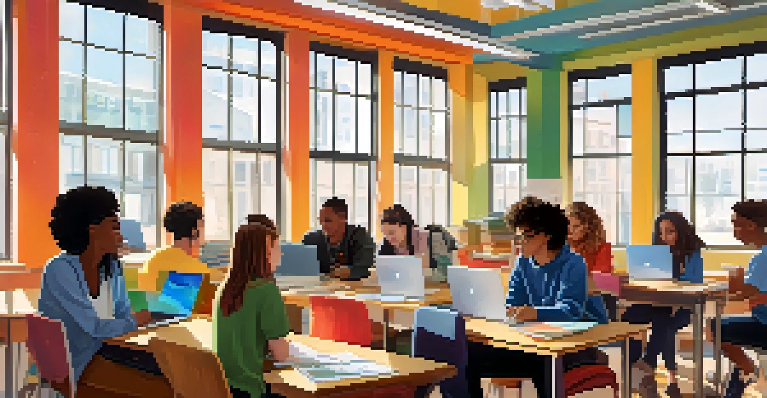 A diverse group of students working together on a project in a bright study room, surrounded by books and laptops.