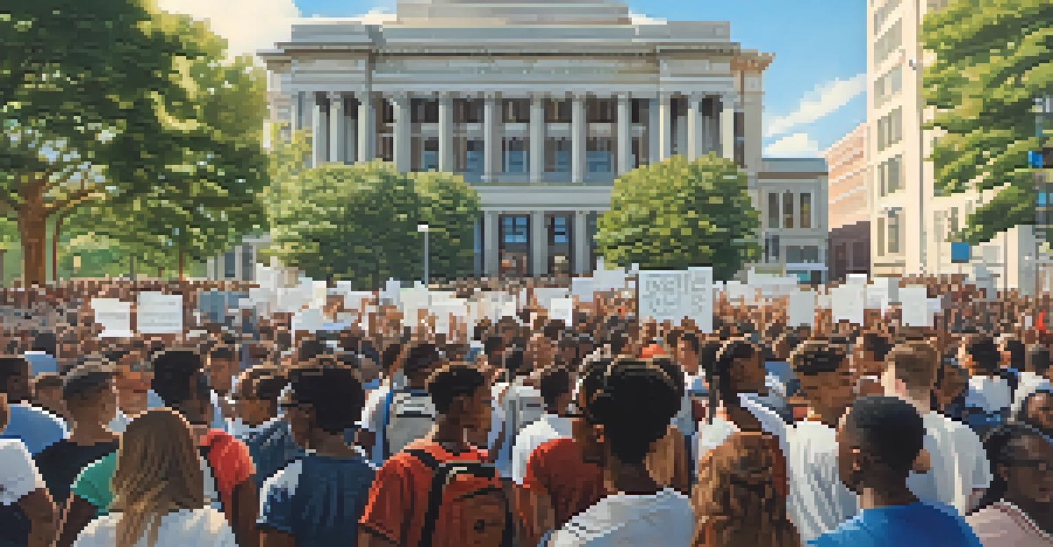 A student-led rally in downtown Atlanta with young activists advocating for social justice, featuring a university building in the background.
