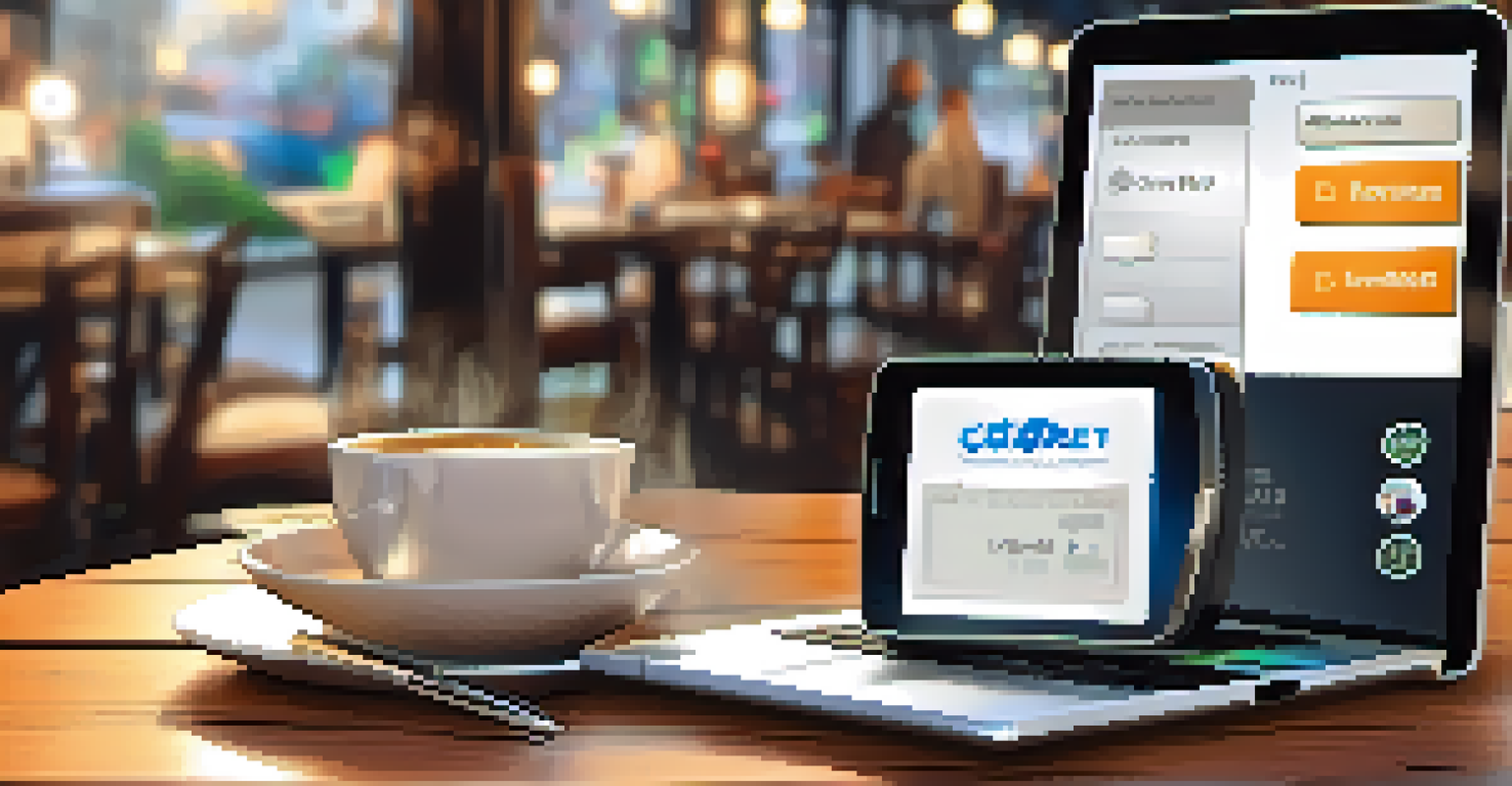 A close-up of a smartphone with a mobile payment app, surrounded by a coffee cup and laptop in a cozy cafe.