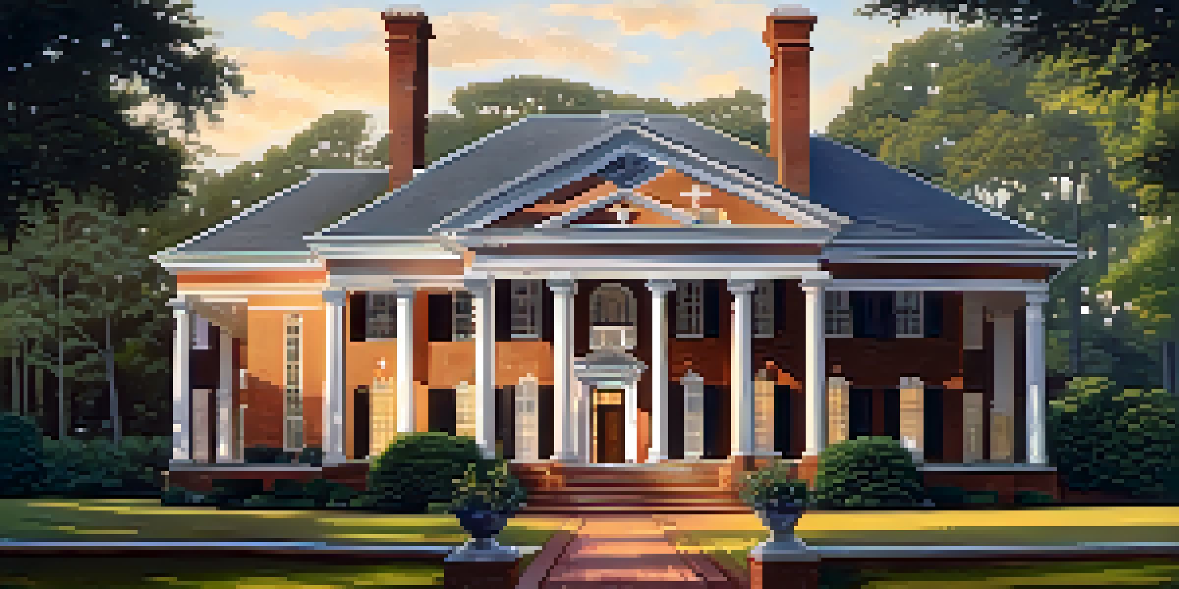 A classic antebellum mansion with white columns and large porches, set against a backdrop of greenery during sunset, showcasing its elegant architecture.