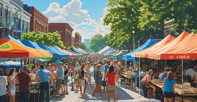 A lively food festival in Atlanta with diverse food stalls and people enjoying various cuisines.