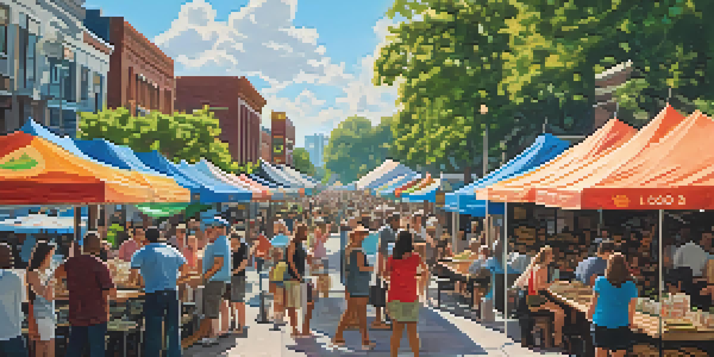 A lively food festival in Atlanta with diverse food stalls and people enjoying various cuisines.