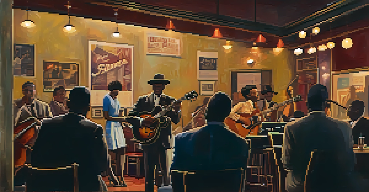 A cozy jazz club in Atlanta with a band performing on stage and an engaged audience enjoying the music in a warm, intimate setting.