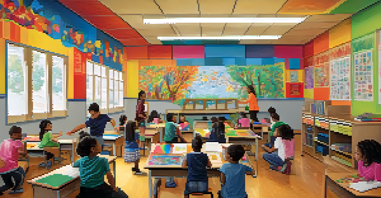A classroom in Atlanta with children from diverse backgrounds working on an art project under the guidance of a teacher.