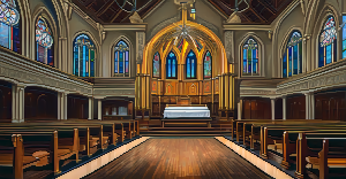 An interior view of the Tabernacle, featuring stained glass windows and wooden details, with a stage prepared for a concert.