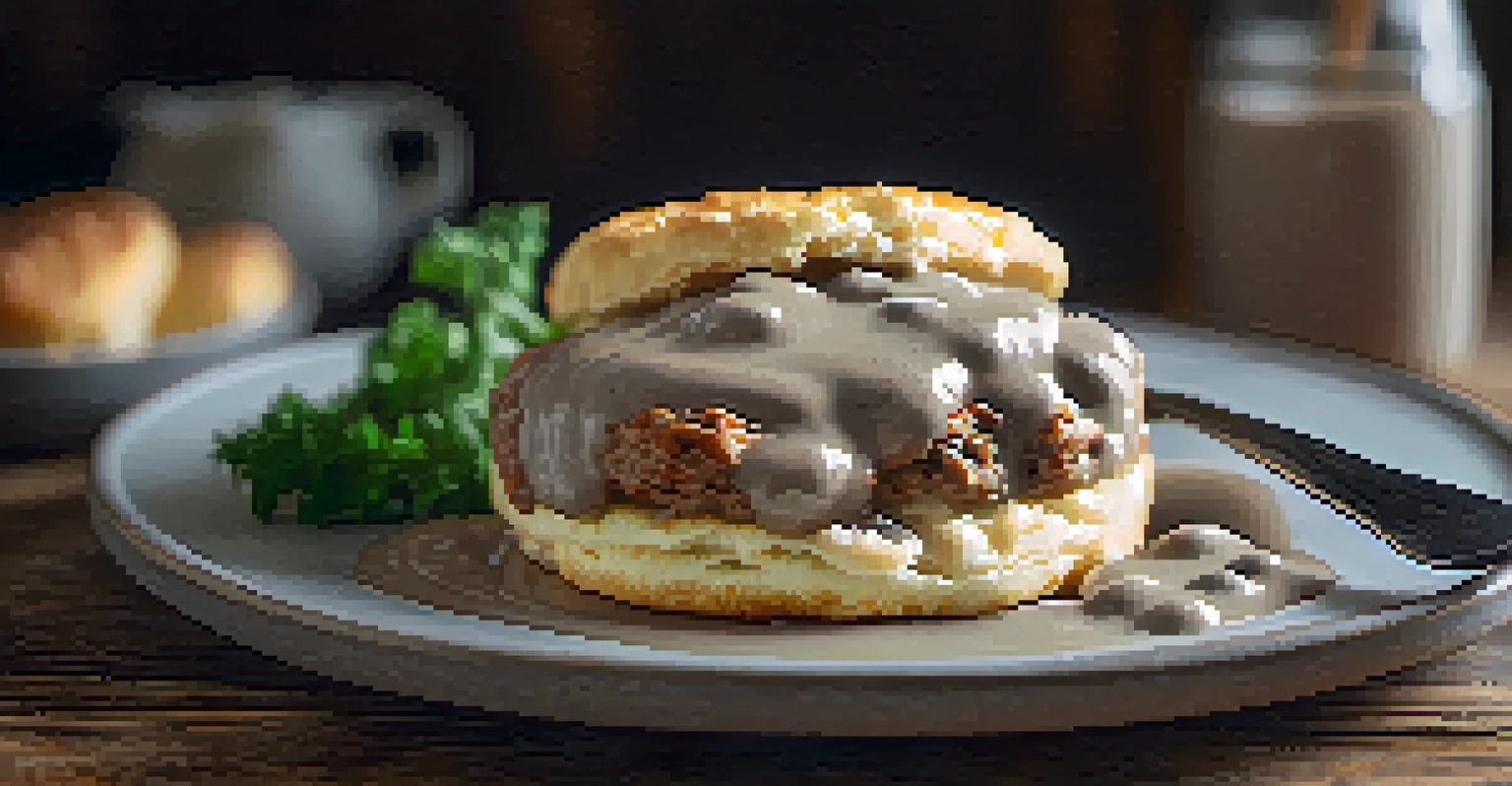 A fluffy biscuit covered in sausage gravy on a wooden plate, with a fork and a soft-focus brunch setting in the background.