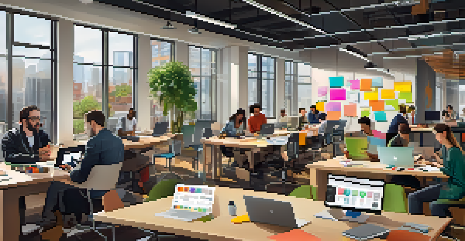 A modern co-working space in Atlanta, showing diverse professionals working together on tech projects.