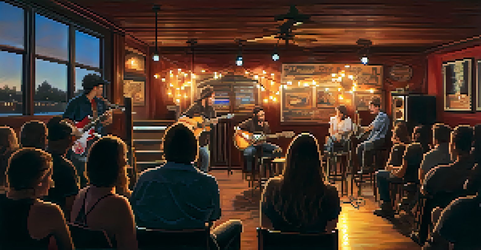 A cozy music venue in Atlanta featuring a local country artist performing on stage with an engaged audience.