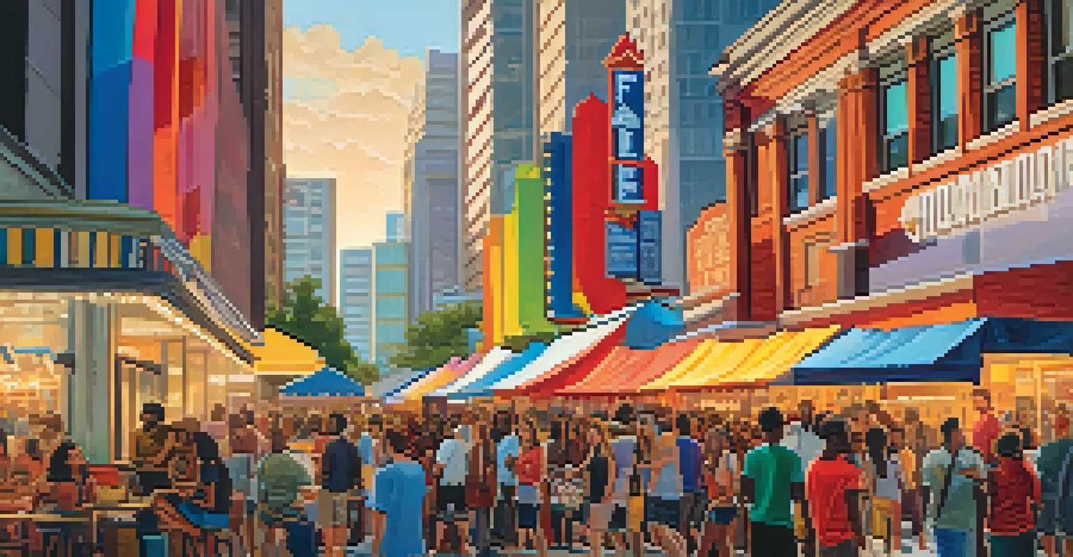 A lively film festival in downtown Atlanta with people interacting and enjoying local art, surrounded by colorful banners and food trucks.