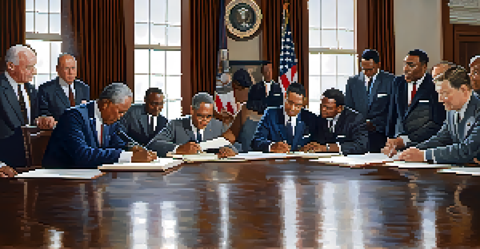 A diverse group of civil rights leaders and lawmakers gathered around a table for the signing of the Civil Rights Act of 1964, capturing a moment of historic significance.