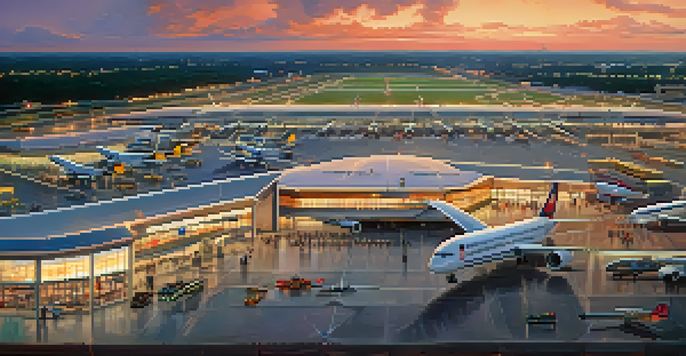 A wide-angle image of Hartsfield-Jackson International Airport, highlighting busy terminals, aircraft on the runway, and the Atlanta skyline at sunset.