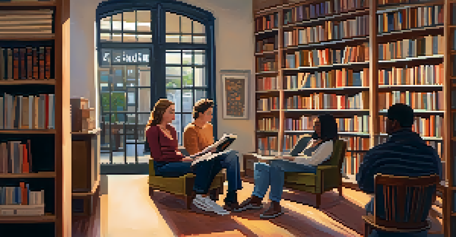An author reading in a cozy bookstore, with a small audience and warm lighting creating an inviting atmosphere.