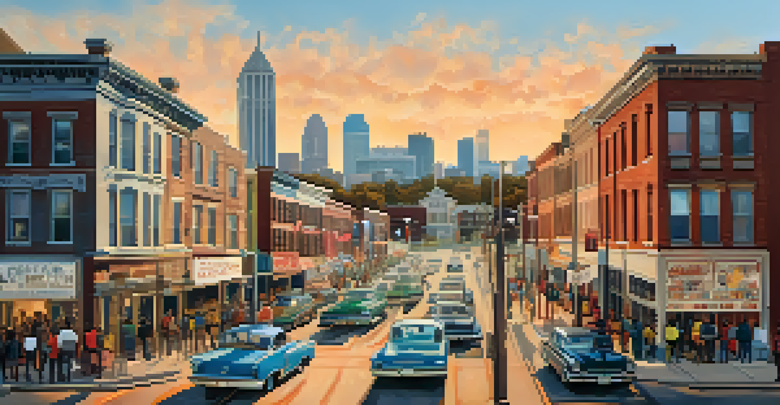 A historical representation of Atlanta during the Civil Rights Movement, depicting activists peacefully protesting for equality in a vibrant neighborhood setting.