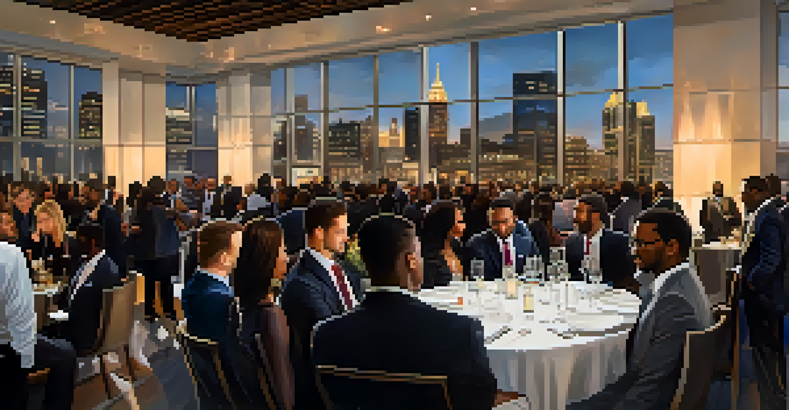 A networking event with diverse professionals engaging in conversations in a modern venue.