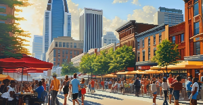 A vibrant street scene in Atlanta with modern buildings, people walking, outdoor cafes, and street performers in warm sunlight.