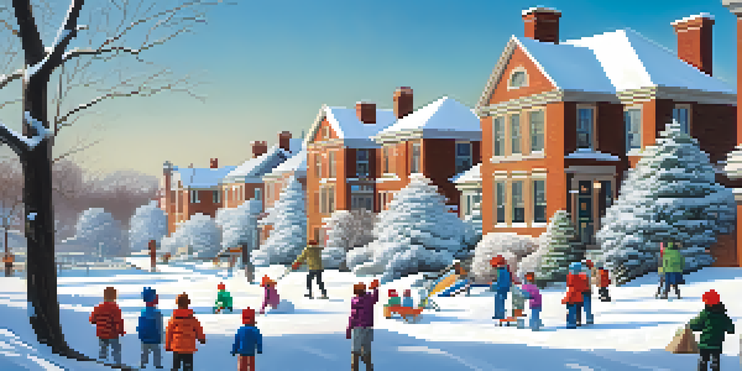 A winter park scene in Atlanta with children playing in the snow and frosted trees.