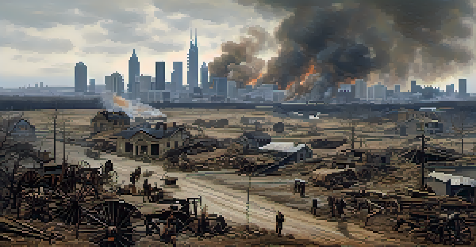 An evocative image of the aftermath of Sherman's March to the Sea in Atlanta, highlighting a desolate landscape with burned fields and ruined buildings under gray skies.