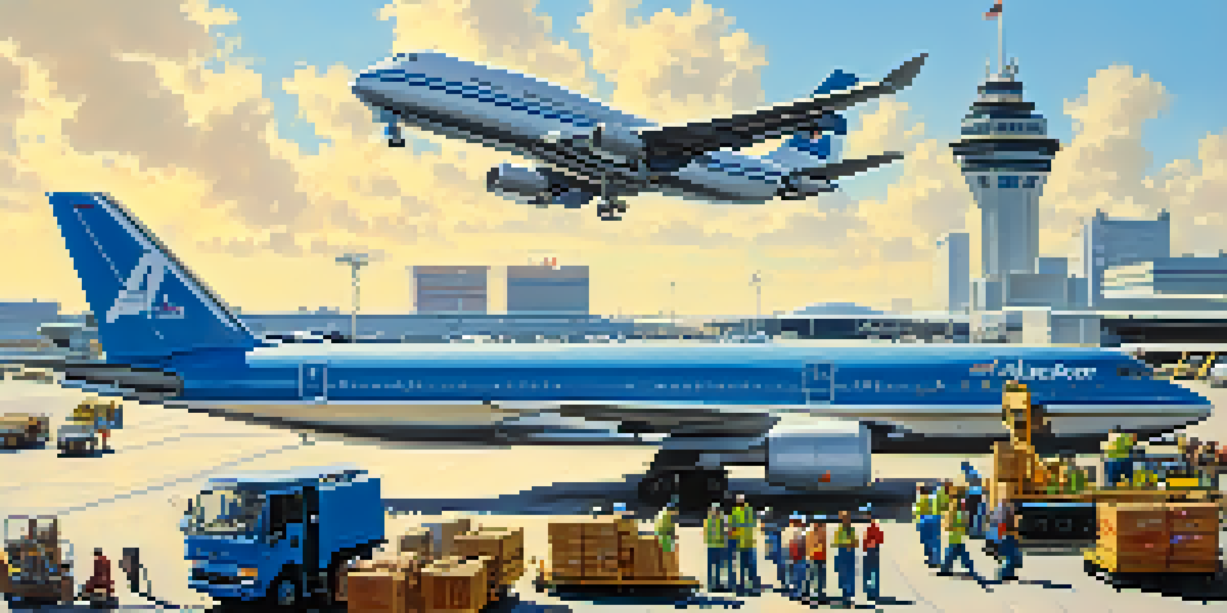 A busy airport scene with cargo planes, workers loading goods, and the Atlanta skyline in the background under a clear blue sky.