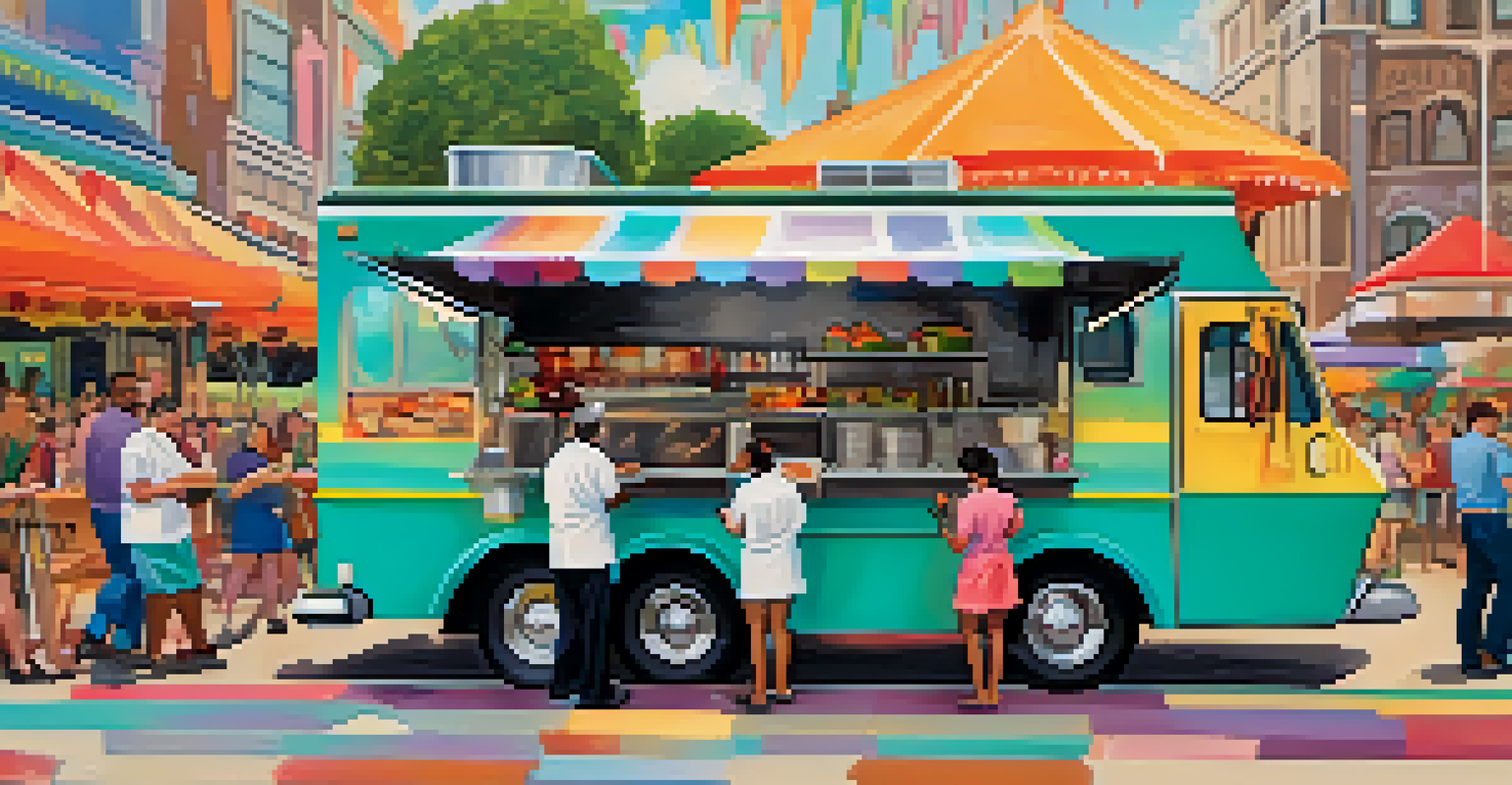 A chef serving gourmet food from a food truck, with vibrant dishes and happy customers in the background.