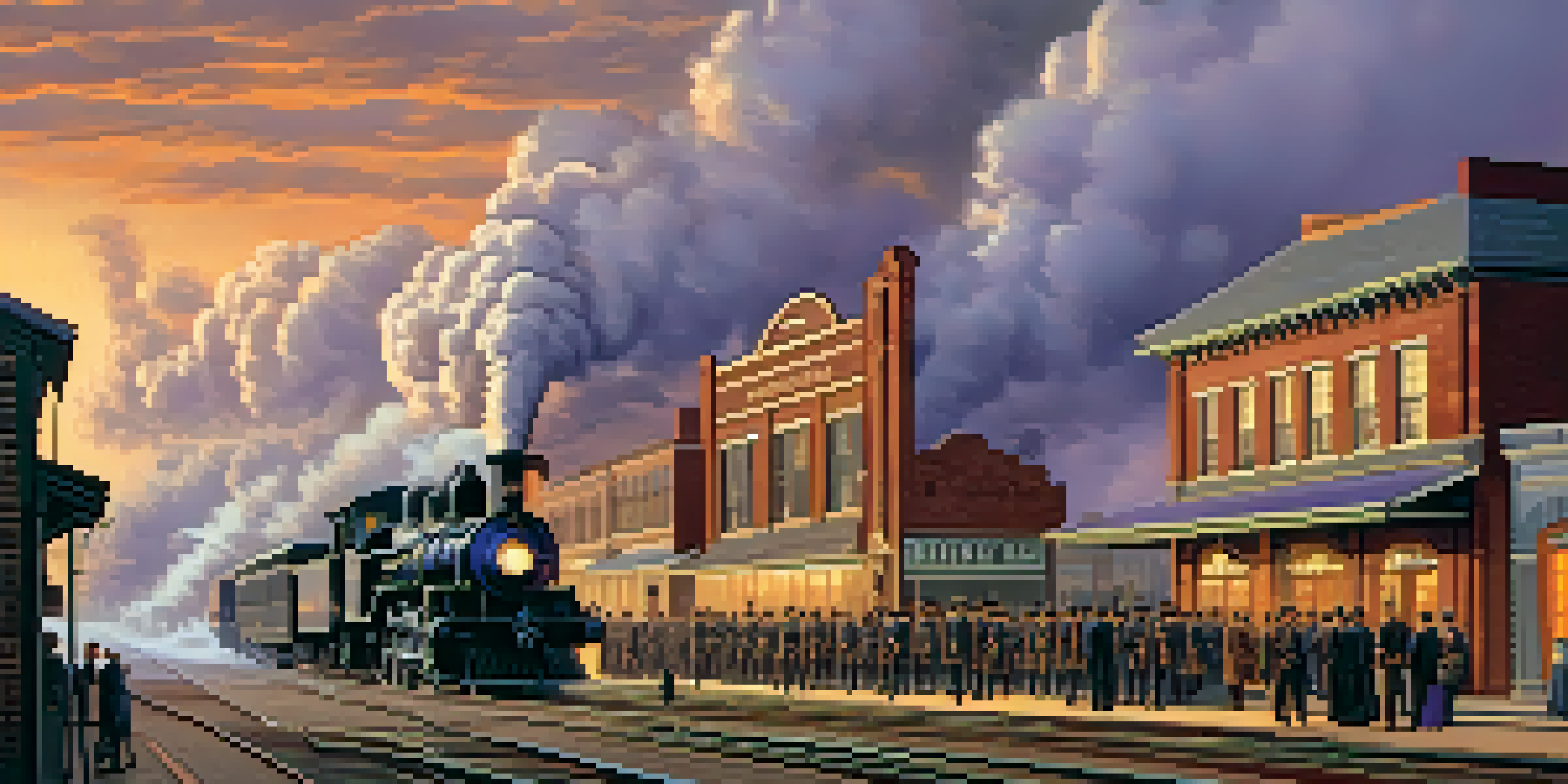 A historic view of Atlanta during the Civil War with a bustling railroad station filled with soldiers and civilians, vintage locomotives, and a dramatic sunset sky.