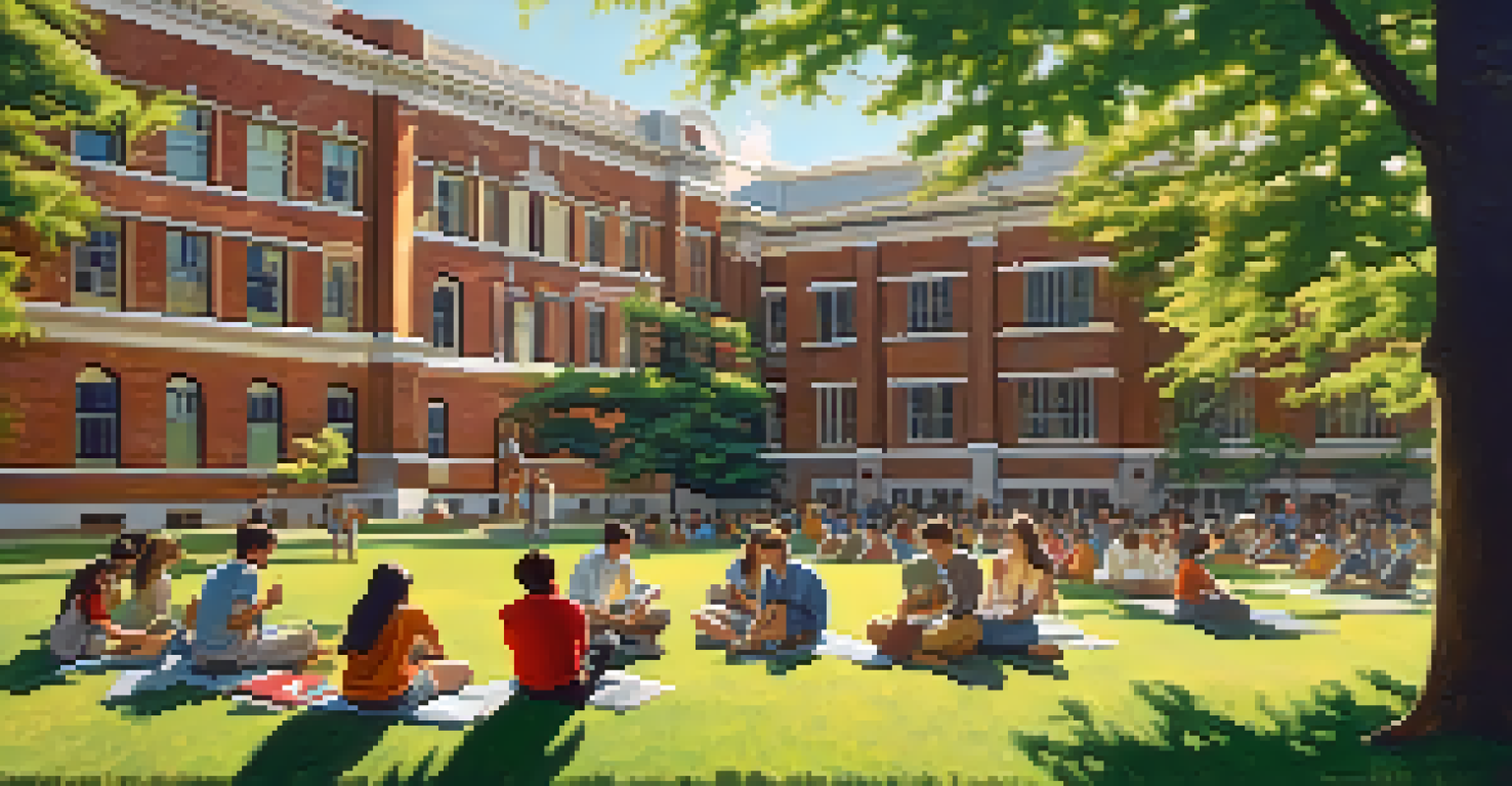 College students discussing civil rights on campus during the 1960s, surrounded by greenery and historic buildings.