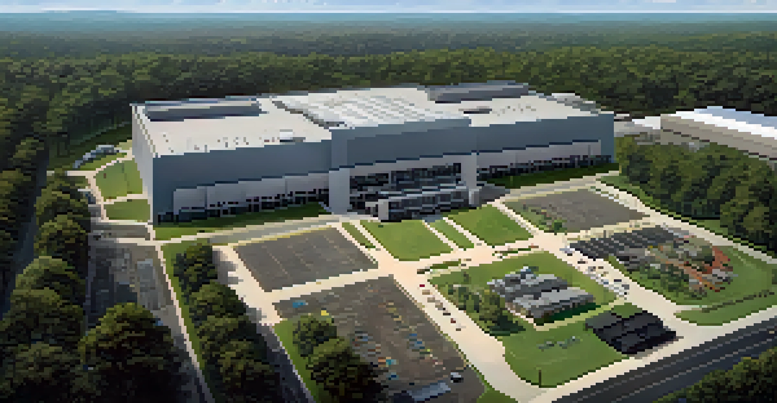 Aerial view of Pinewood Atlanta Studios featuring large sound stages and green surroundings.