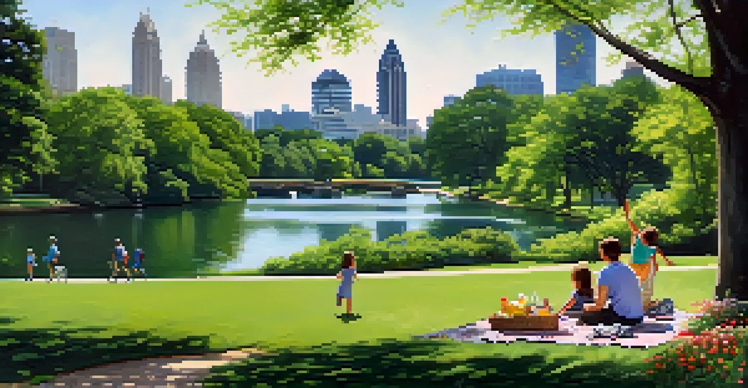 A tranquil scene at Piedmont Park featuring a family enjoying a picnic amidst lush greenery and blooming flowers, with the Atlanta skyline visible in the background.