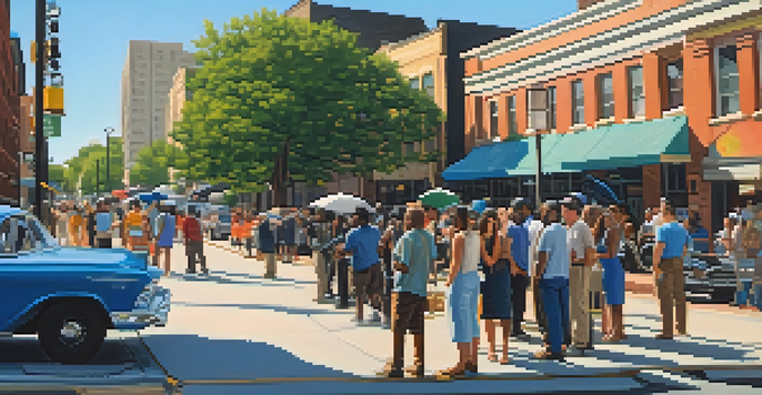 A diverse film crew setting up a shoot in a vibrant Atlanta street scene with iconic architecture in the background.