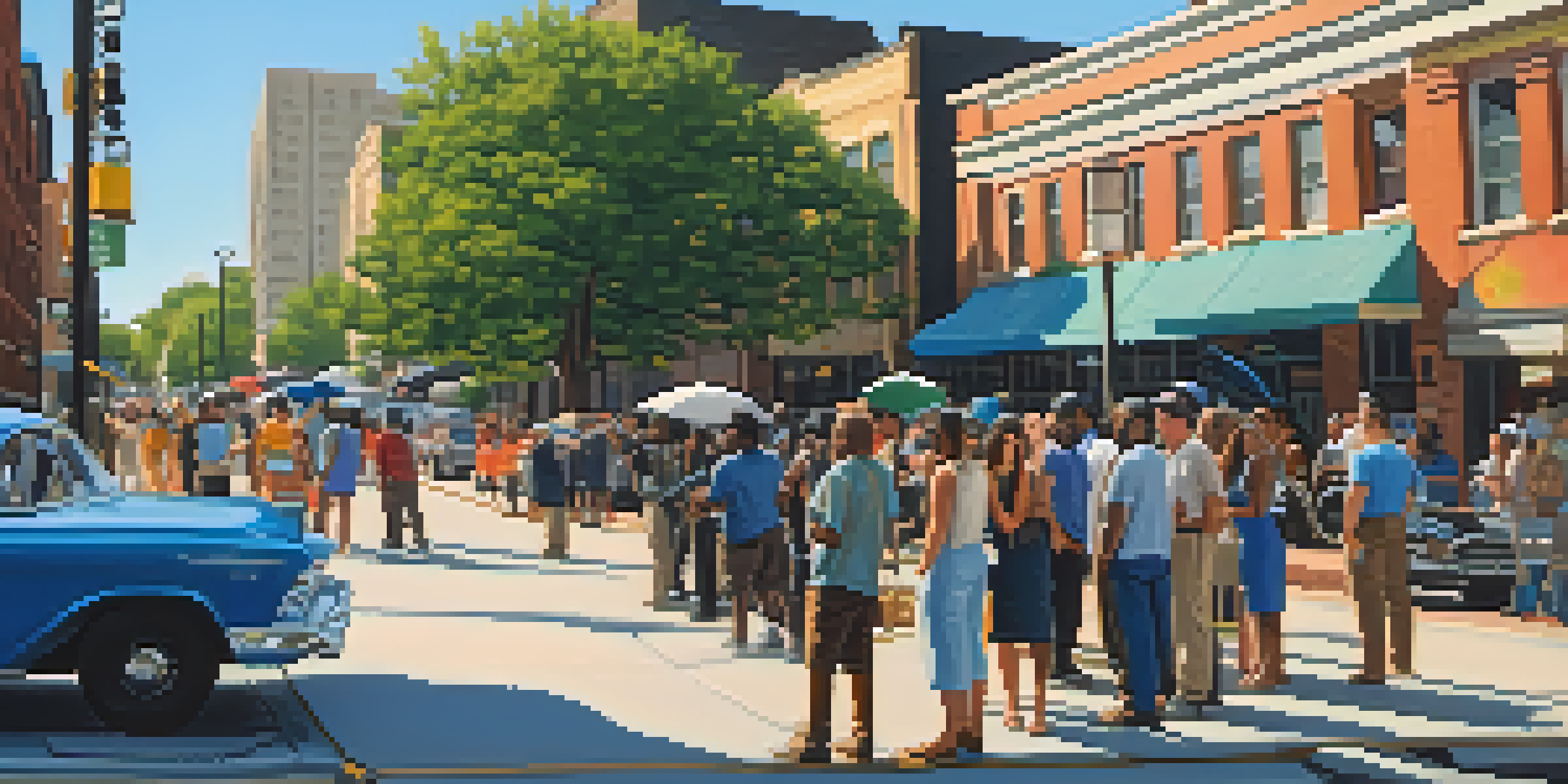 A diverse film crew setting up a shoot in a vibrant Atlanta street scene with iconic architecture in the background.