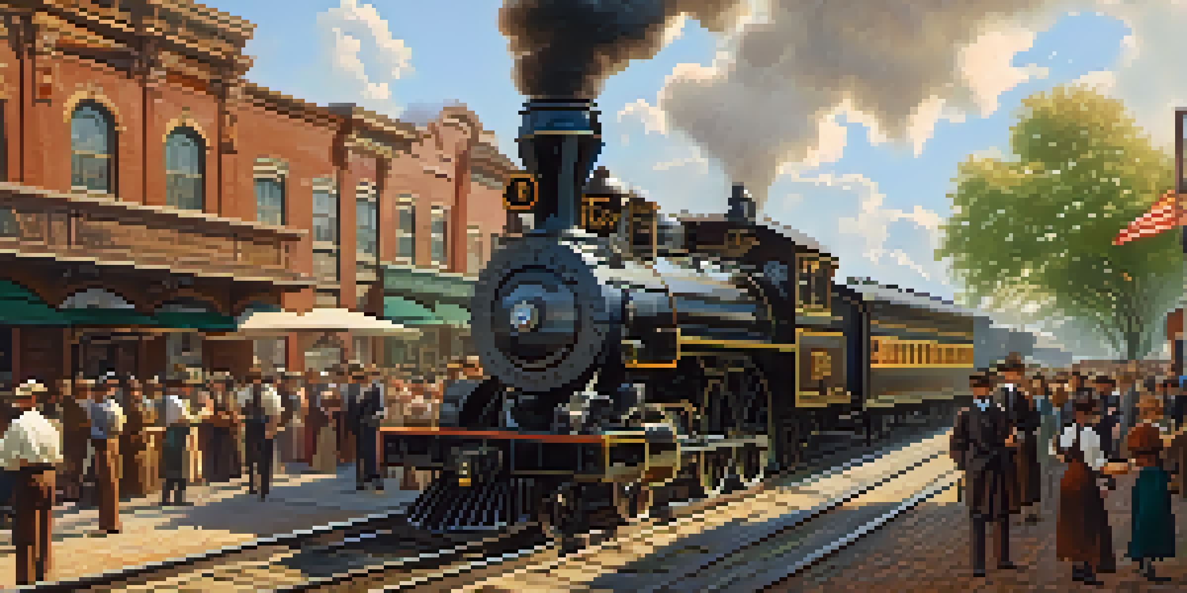 A historic railroad junction in 19th-century Atlanta, showcasing steam locomotives, merchants, and settlers in a lively atmosphere.