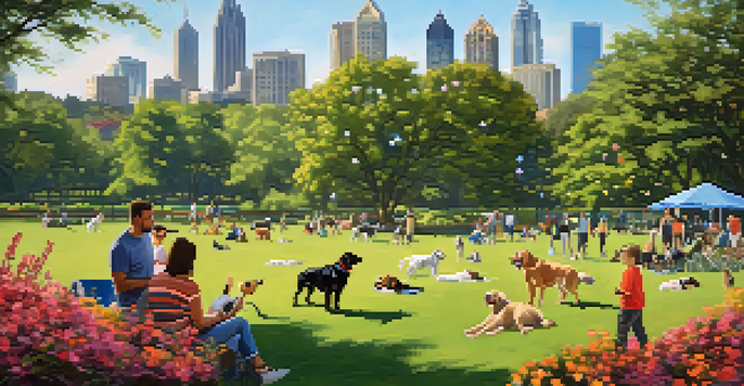 A vibrant park scene in Piedmont Park with dogs playing and owners interacting, set against the Atlanta skyline.