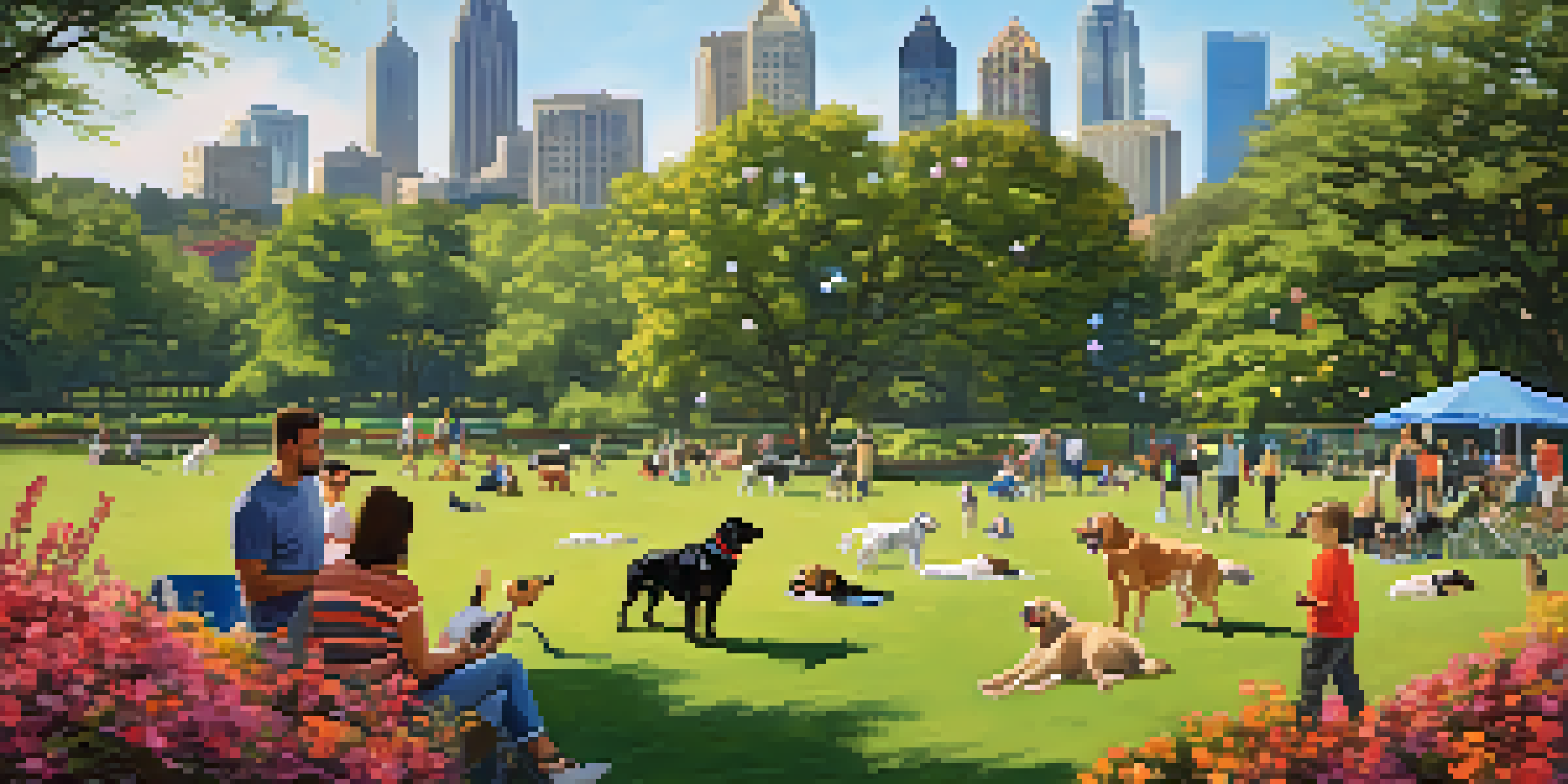 A vibrant park scene in Piedmont Park with dogs playing and owners interacting, set against the Atlanta skyline.