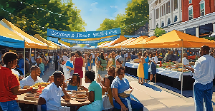 A lively outdoor food festival with diverse attendees sampling gourmet dishes from colorful food stalls, with musicians playing in the background.