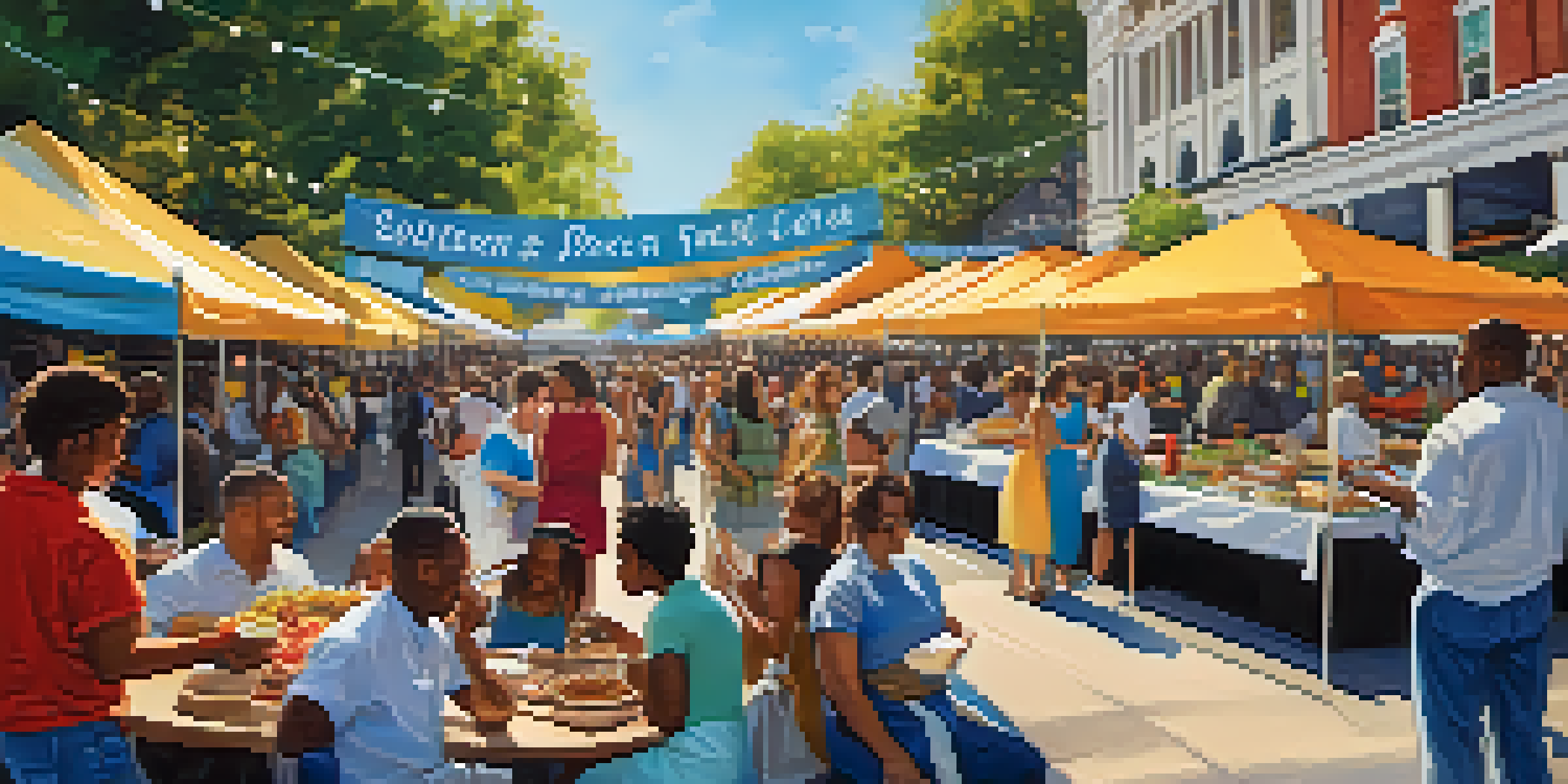 A lively outdoor food festival with diverse attendees sampling gourmet dishes from colorful food stalls, with musicians playing in the background.
