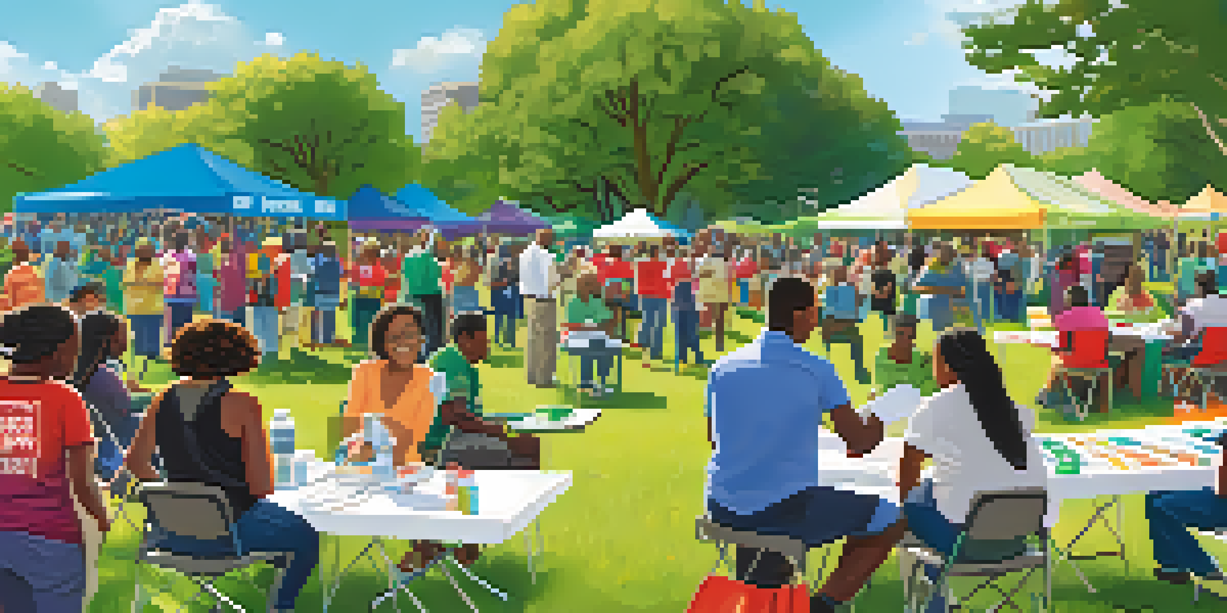 A diverse group of residents participating in a disaster preparedness workshop in a sunny park, with tables and colorful banners.
