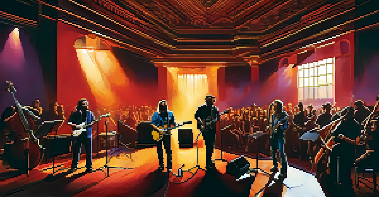 A Southern rock band performing in an intimate historic venue in Atlanta, with vibrant stage lights and an engaged audience creating a sense of community.