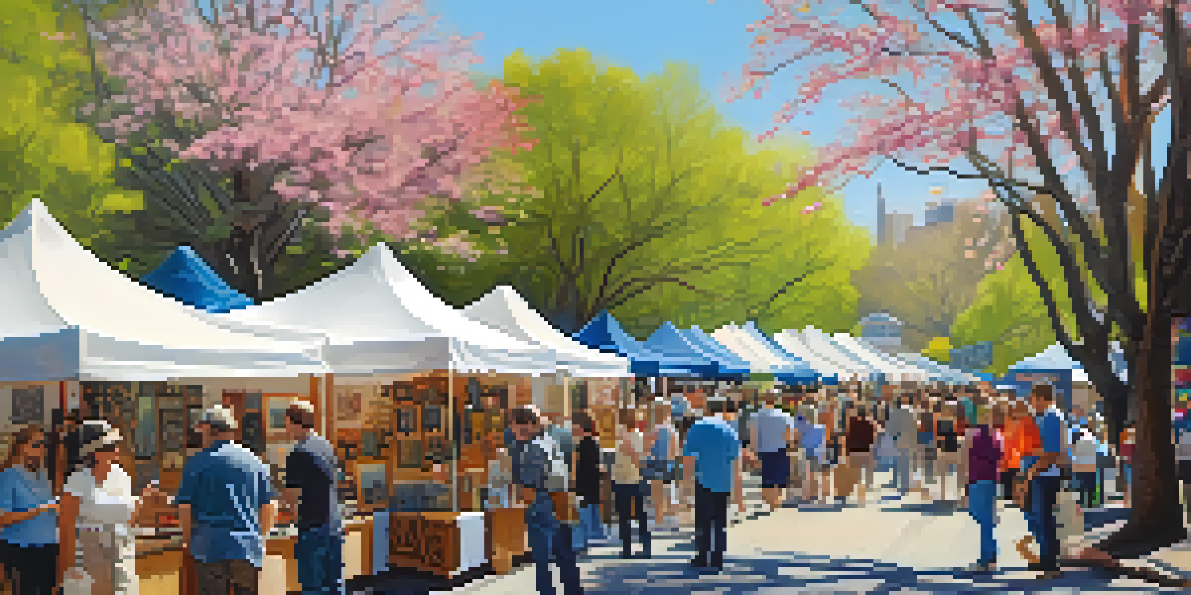 A lively outdoor art fair with colorful booths and diverse visitors, set in Piedmont Park with blooming dogwood trees.