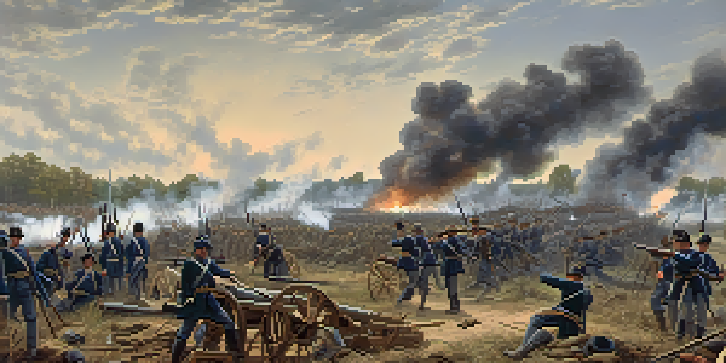 A chaotic scene of the Battle of Atlanta with Union soldiers in blue defending against Confederate forces, showcasing smoke, fallen soldiers, and intense military action.