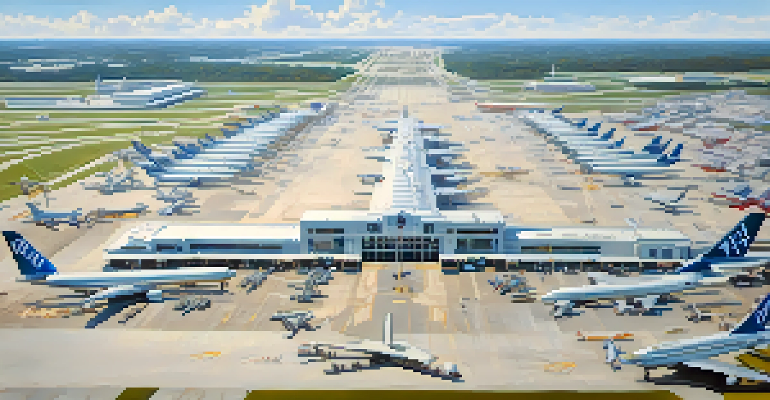 Aerial shot of Hartsfield-Jackson Atlanta International Airport with cargo planes and city in the background.
