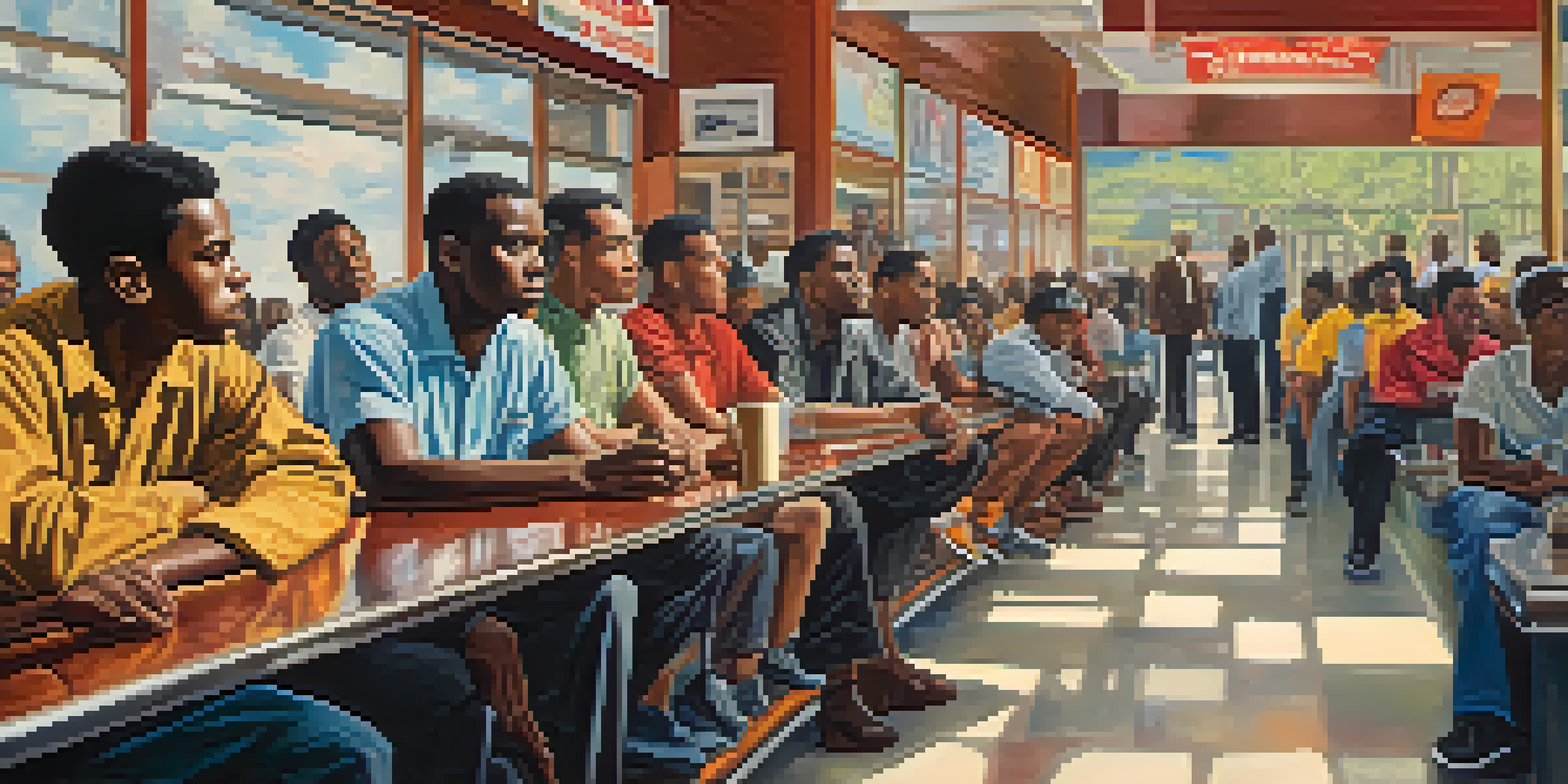 A group of young African American students participating in a peaceful sit-in protest at a lunch counter, surrounded by onlookers in a vintage 1960s setting.