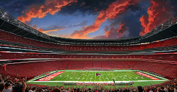 A lively crowd at Mercedes-Benz Stadium, filled with fans in Atlanta Falcons colors, cheering during a football game.