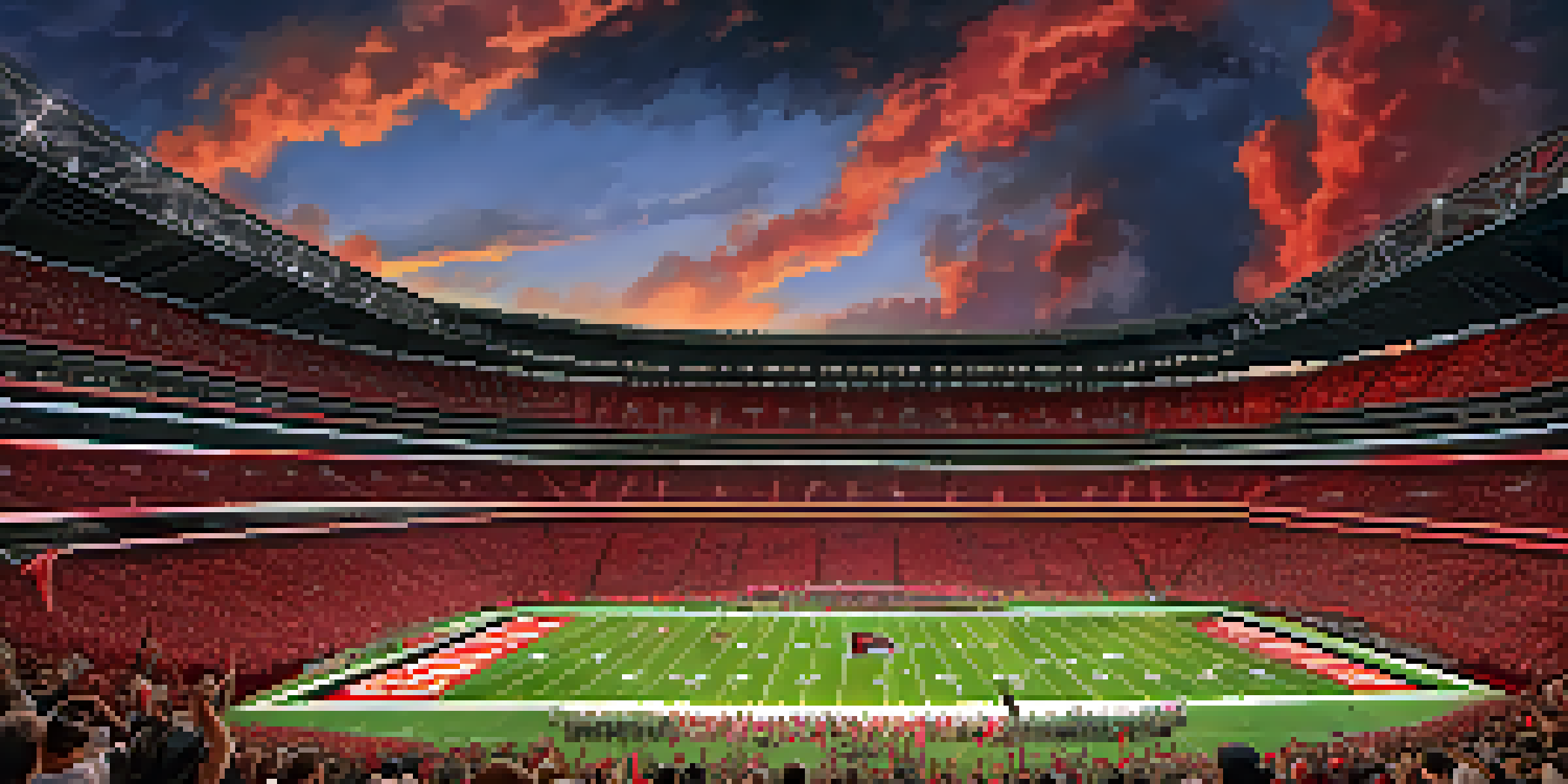 A lively crowd at Mercedes-Benz Stadium, filled with fans in Atlanta Falcons colors, cheering during a football game.