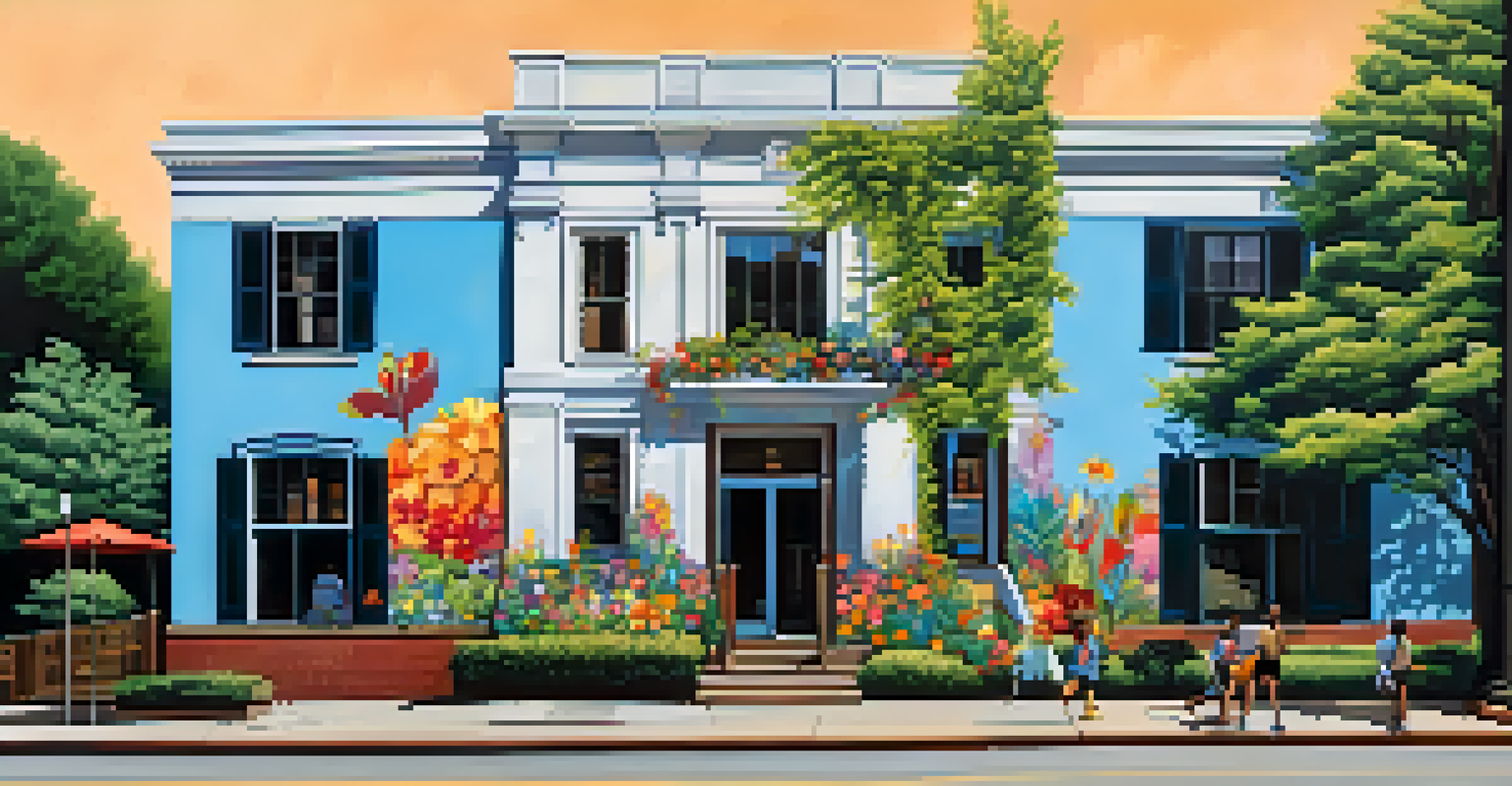 An artistic mural on a building in Kirkwood, with community members enjoying the park.